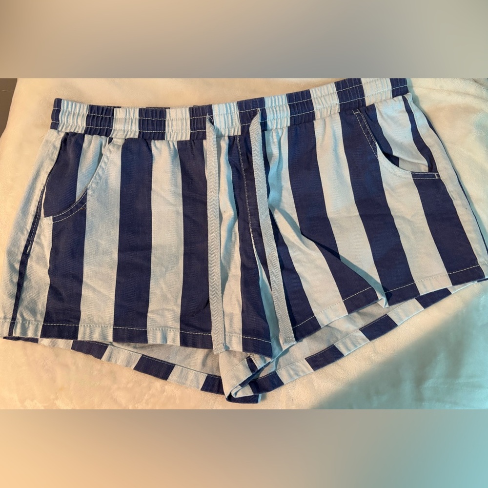 Striped Navy and White Athletic Shorts with Elastic Waist